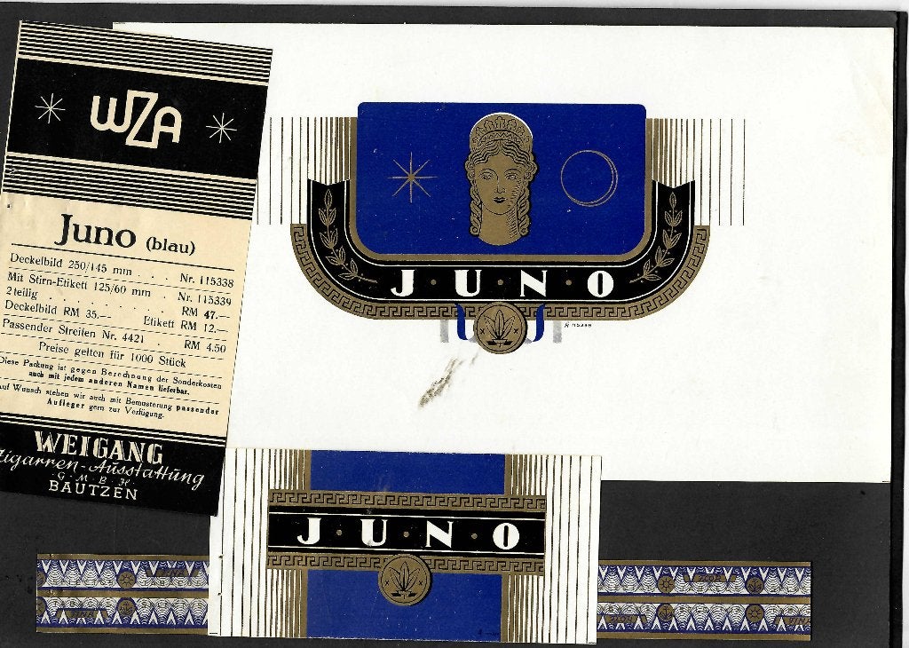 Weigang  set etiket    juno, Verzamelen, Ophalen of Verzenden, Gebruikt, Sigarenbandjes
