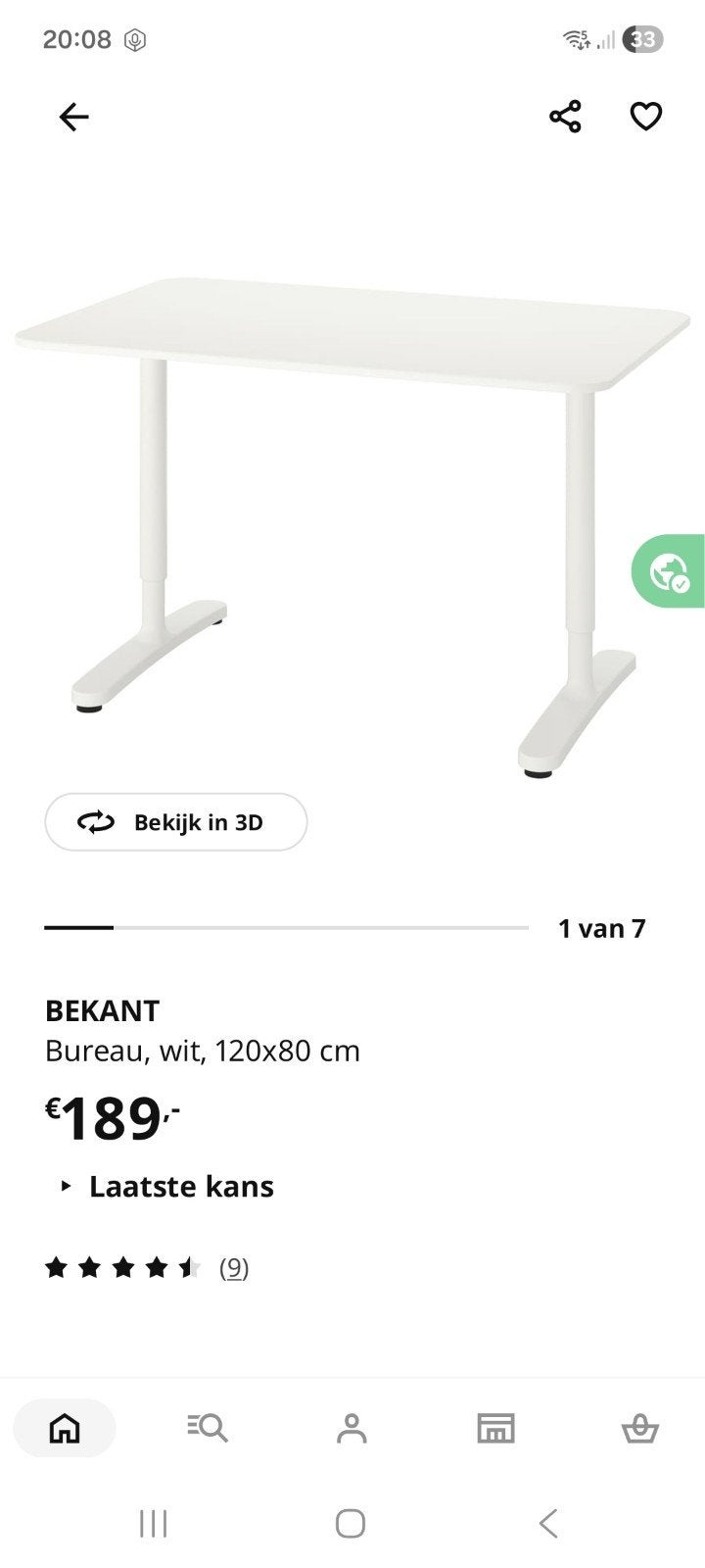BEKANT Bureau, wit, 120x80 cm, Huis en Inrichting, Bureaus, Zo goed als nieuw, Computerbureau, IKEA, Modern, Spaanplaat of MDF