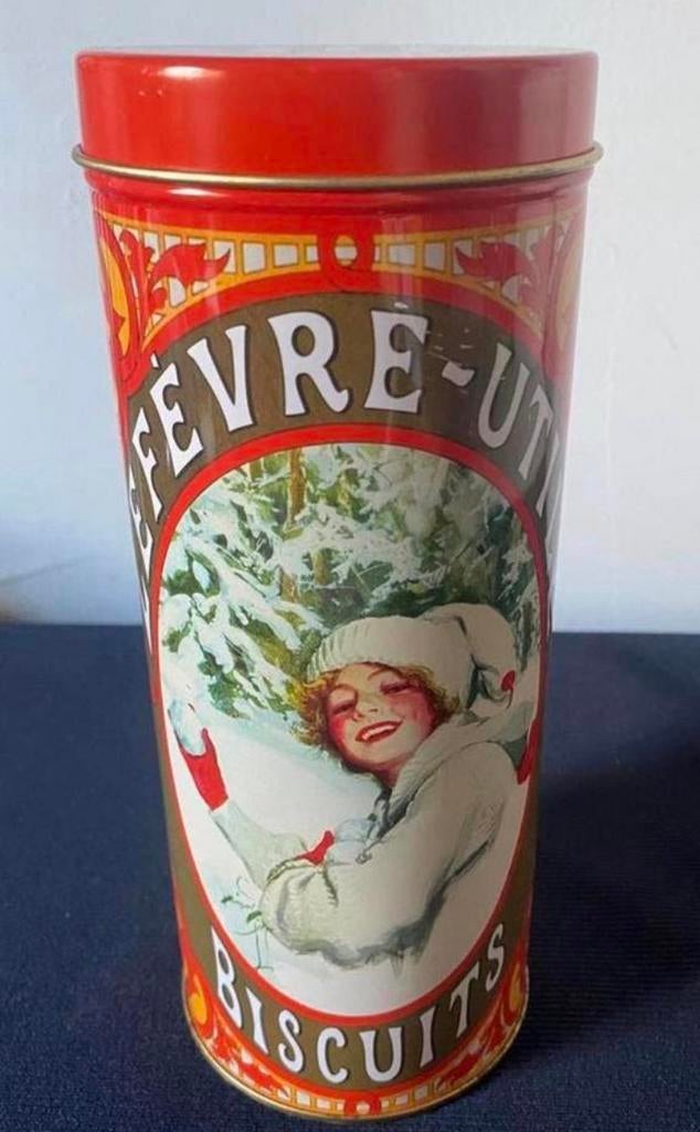 Hoog rond blik van Lu Lefévre-Utile Biscuits. Hoogte 21 cm, Ophalen, Zo goed als nieuw, Koek(jes), Overige merken