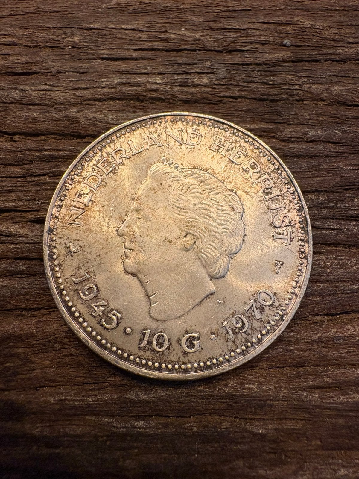 Het zilveren tientje "Nederland Herrijst" uit 1970, Ophalen of Verzenden, Koningin Juliana, 10 gulden