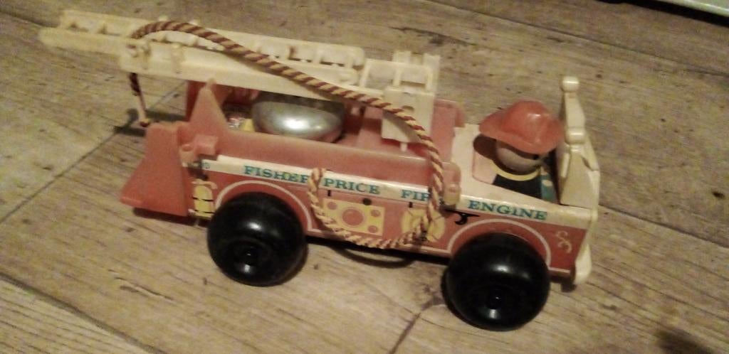 Vintage houten brandweerauto van fisher price, Ophalen of Verzenden, Gebruikt, Auto of Voertuig, Met geluid