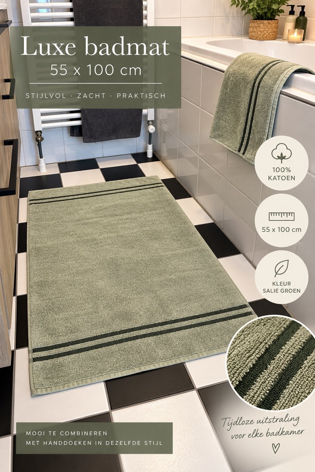 Luxe badmat 55  100 cm – saliegroen – 100% katoen, Huis en Inrichting, Gebruikt, Overige merken, Ophalen of Verzenden, Badmat