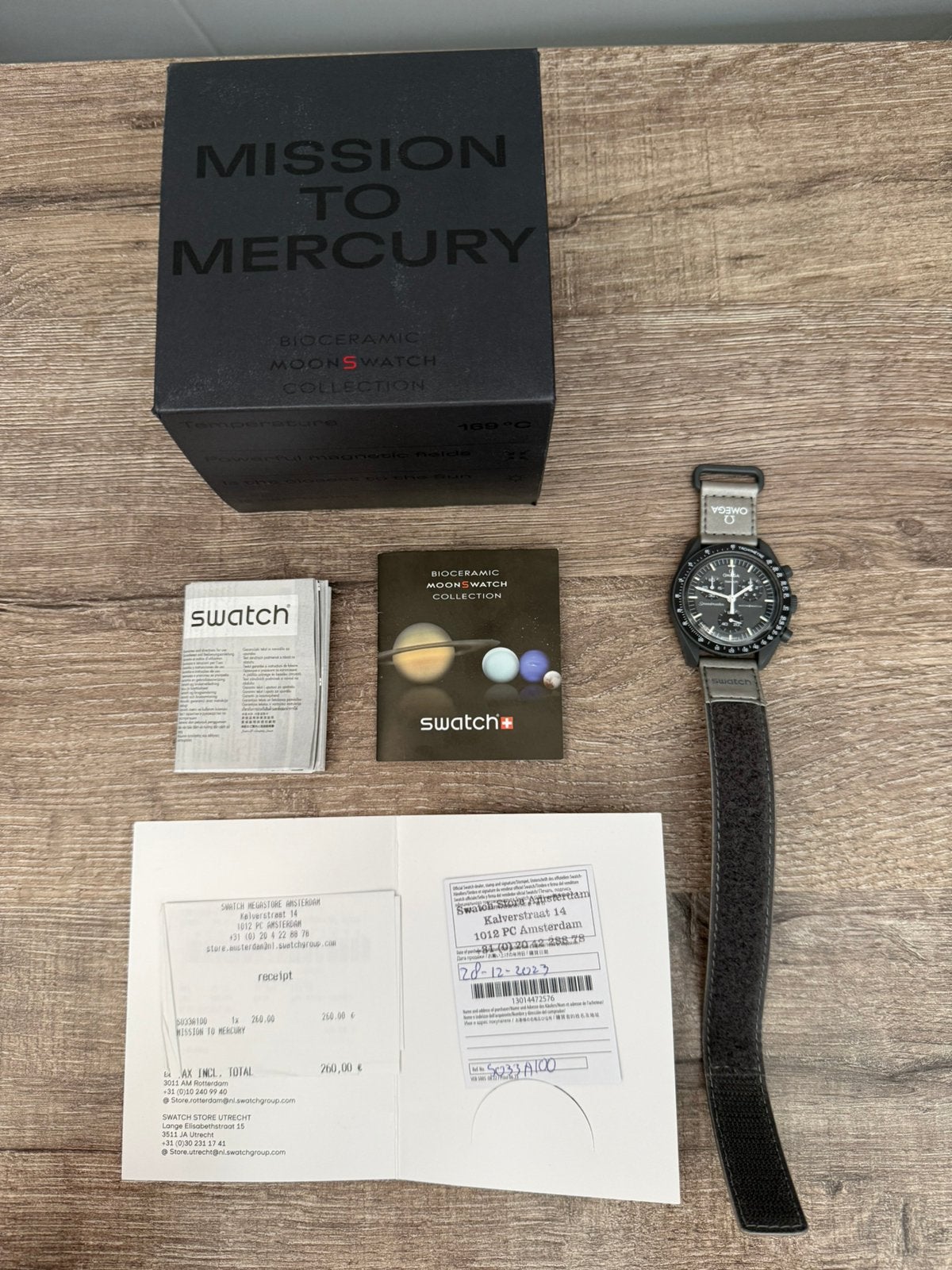 Swatch x Omega Moonswatch mission to Mercury, Sieraden, Tassen en Uiterlijk, Horloges | Heren, Zo goed als nieuw, Polshorloge