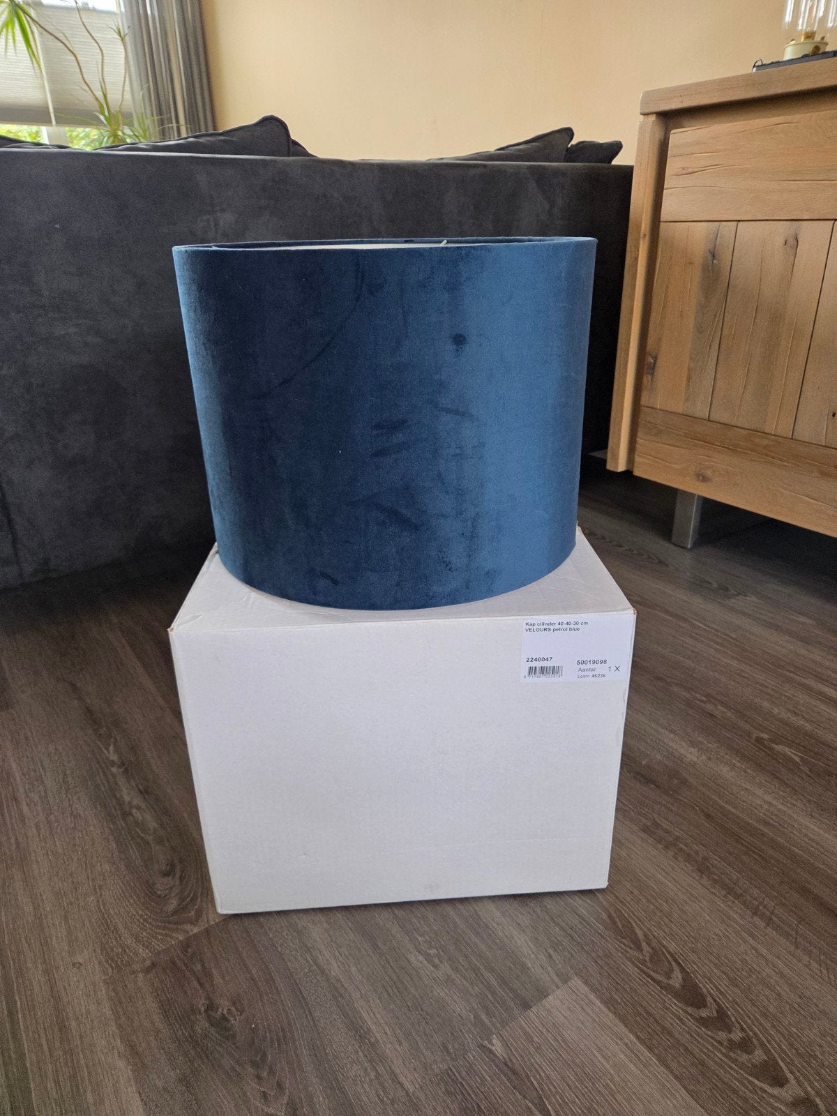 Donkerblauwe (petrol) velours lampenkap 40/40/30cm, Hanglamp, Blauw, Rond, 30 cm