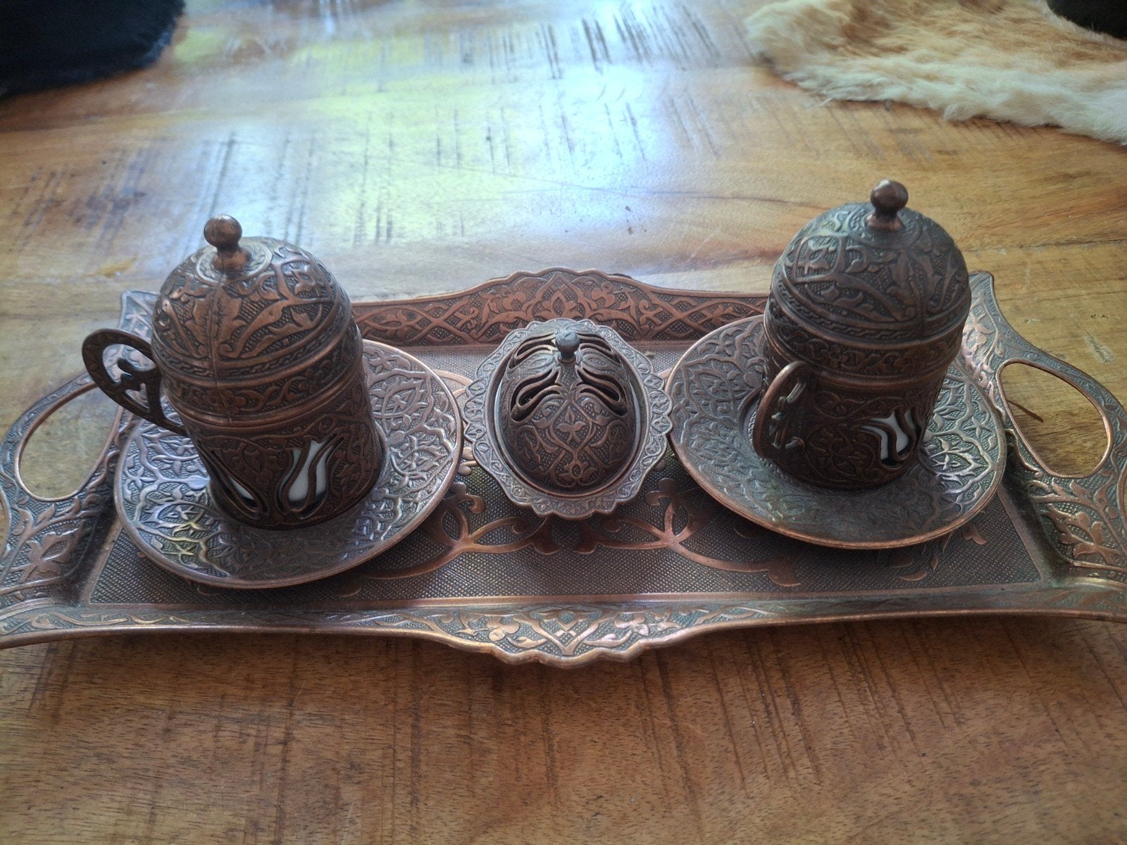 Turkse koffieset koper met dienblad, Ophalen of Verzenden