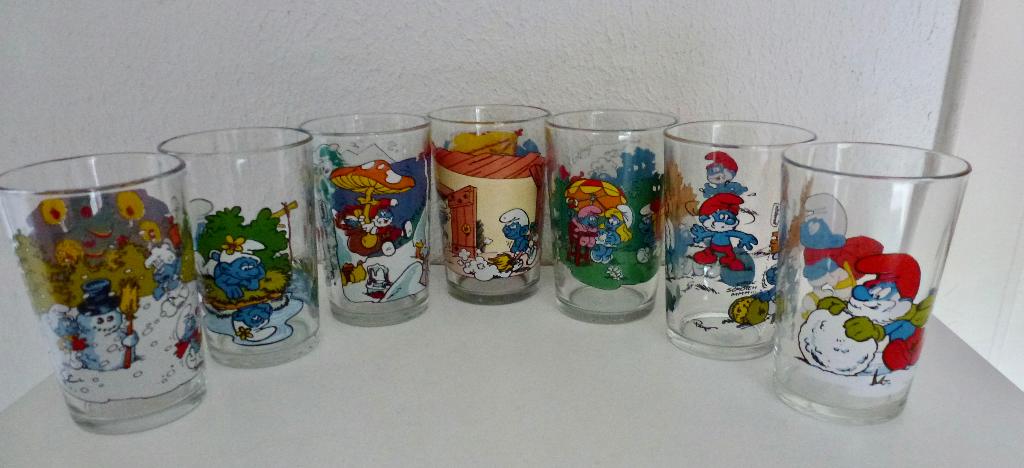 7x Vintage verzamelglazen van de Smurfen uit de jaren 80., Verzamelen, Smurfen, Verzenden, Zo goed als nieuw, Verschillende Smurfen