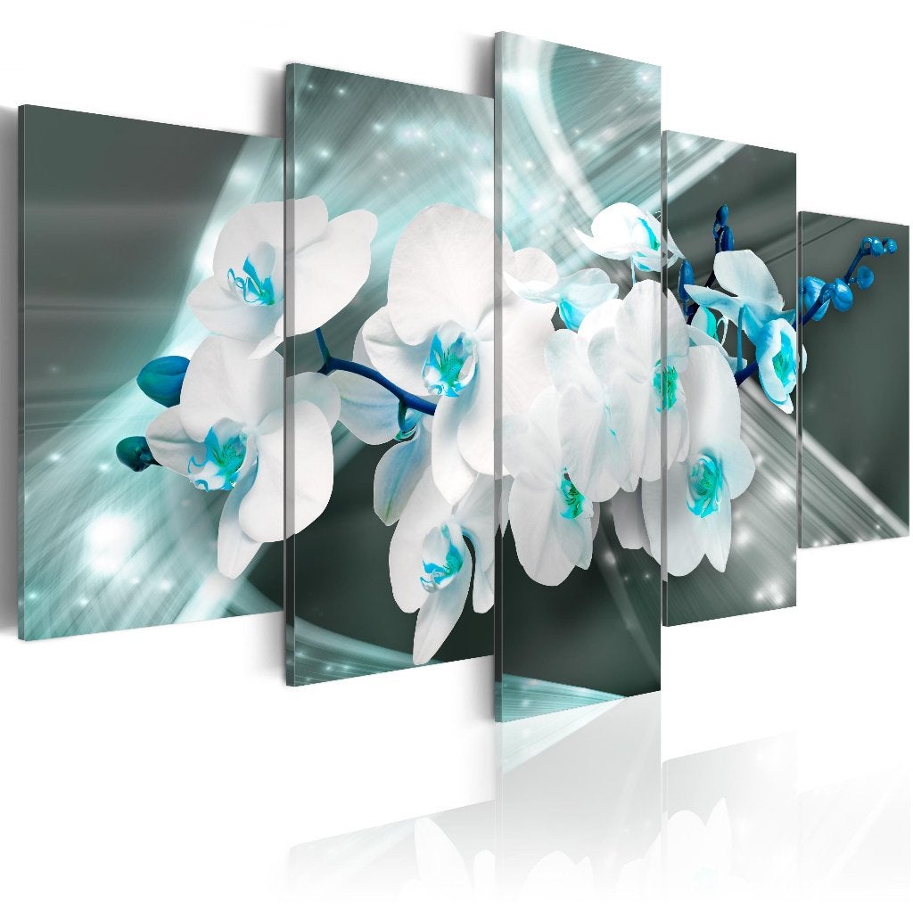 761 Modern Blauw Wit Orchidee 5 Luik Canvas Schilderij Nieuw, Ophalen of Verzenden