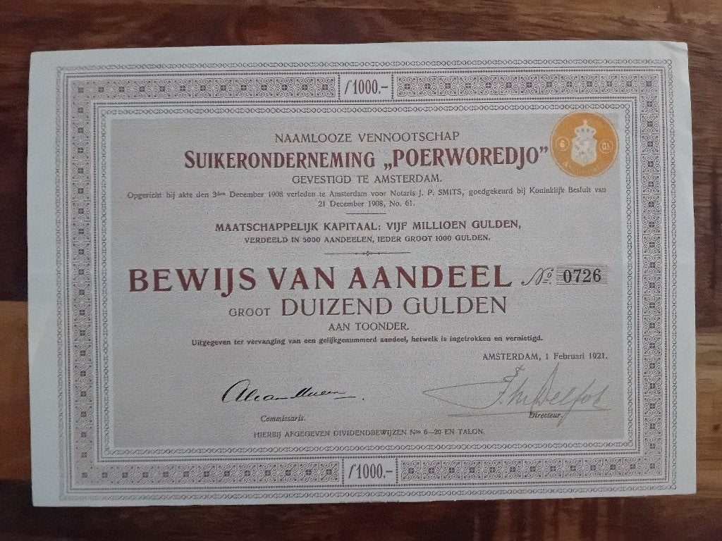 Aandeel Suikeronderneming Poerworedjo - 1921, Ophalen of Verzenden, 1920 tot 1950, Aandeel
