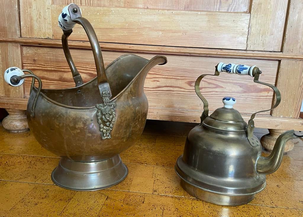 Antieke Koperen Kolenemmer met koperen  ketel, Ophalen of Verzenden, Koper