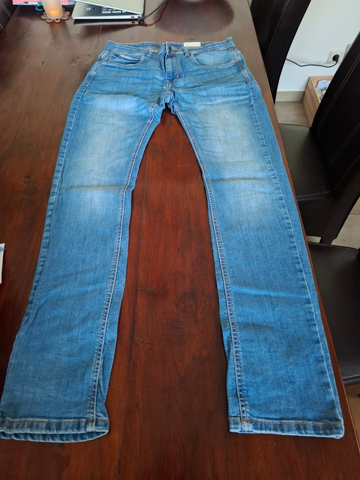 Skinny heren broek, smalle pijp, lengte 34, Ophalen of Verzenden, Gedragen, Blauw, W33 - W34 (confectie 48/50)
