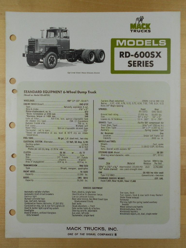 Mack RD-600SX Technische Specificatie Brochure 1973, Mack, Ophalen of Verzenden, Zo goed als nieuw, Overige merken