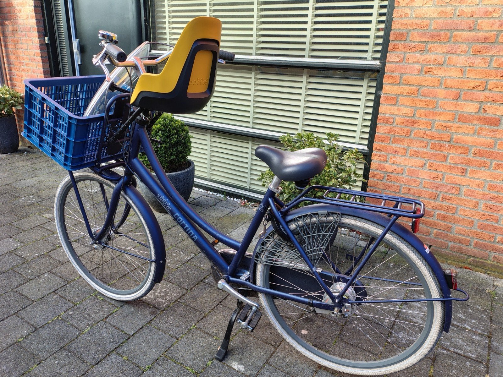 Blauw (mama)fiets met kinderstoeltje, windscherm en krat, Gebruikt, Mandje, 1 zitje, Ophalen