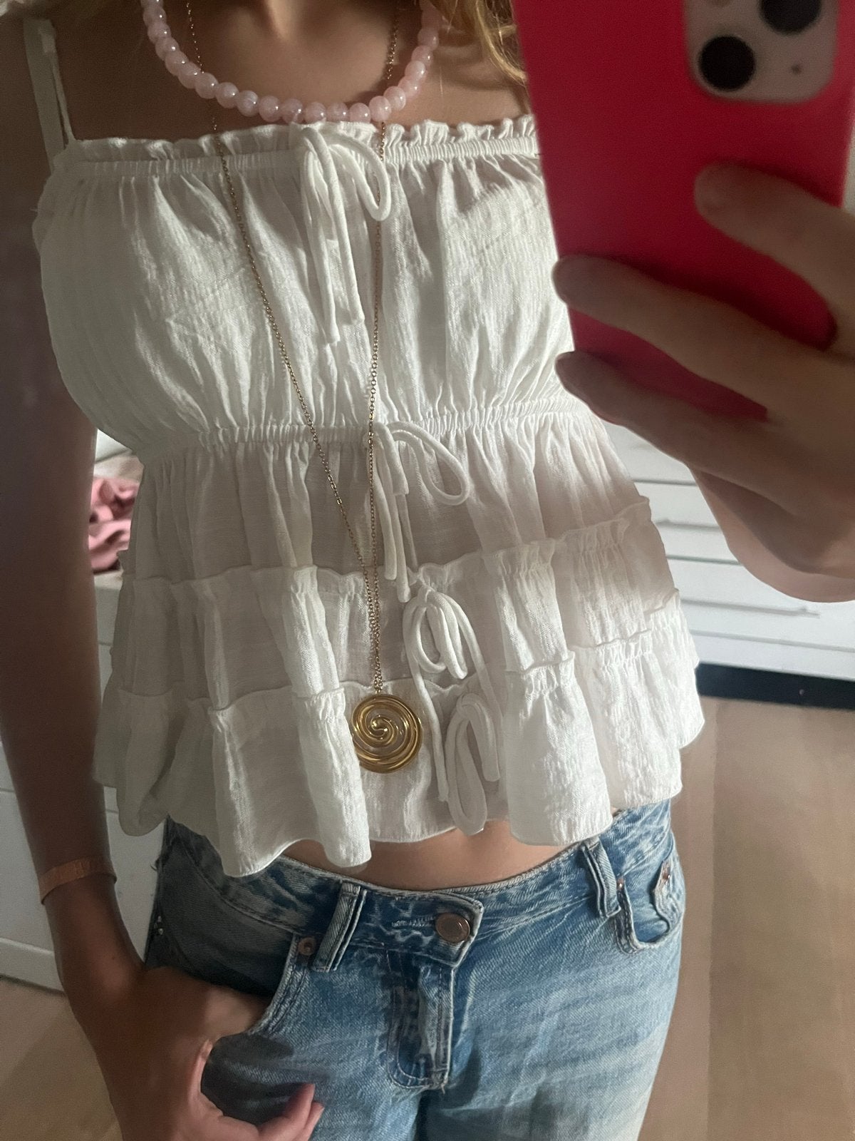 Witte FB Sister top met ruches en spaghettibandjes, Wit, Ophalen of Verzenden, Zo goed als nieuw, Maat 36 (S)