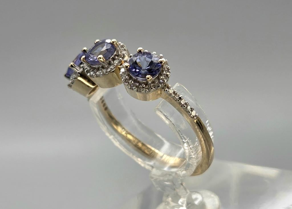 Gouden Vintage ring edelsteen tanzaniet en diamant. 2026/256, Paars, Ophalen of Verzenden, Zo goed als nieuw, .