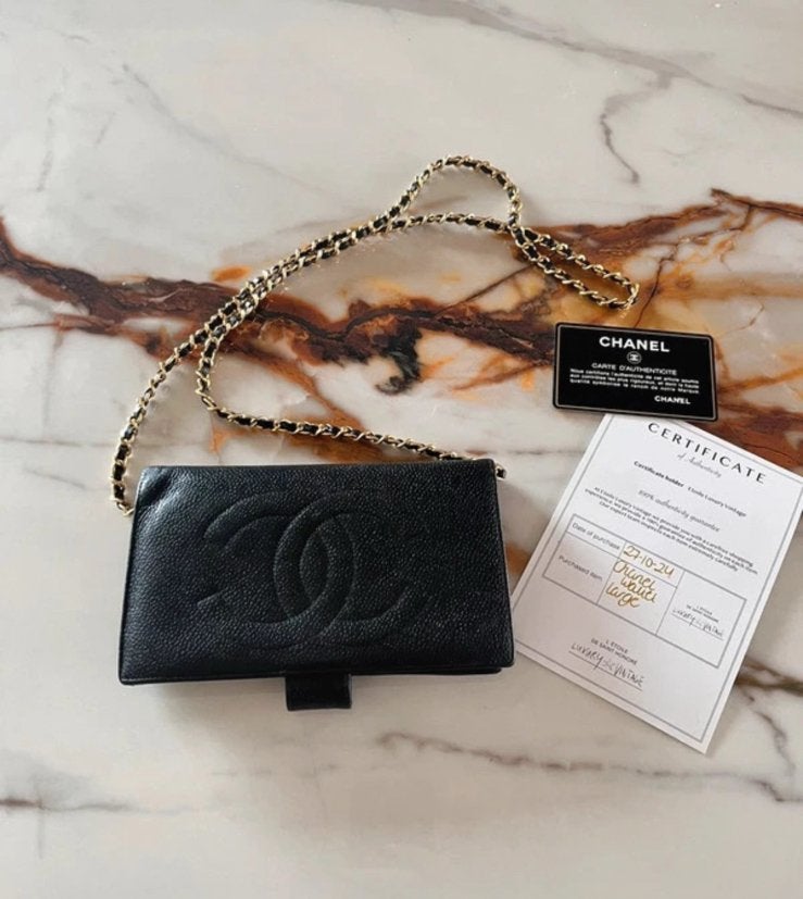 Chanel wallet large caviar zwart ORGINEEL!!, Ophalen of Verzenden, Gebruikt, Zwart, Leer