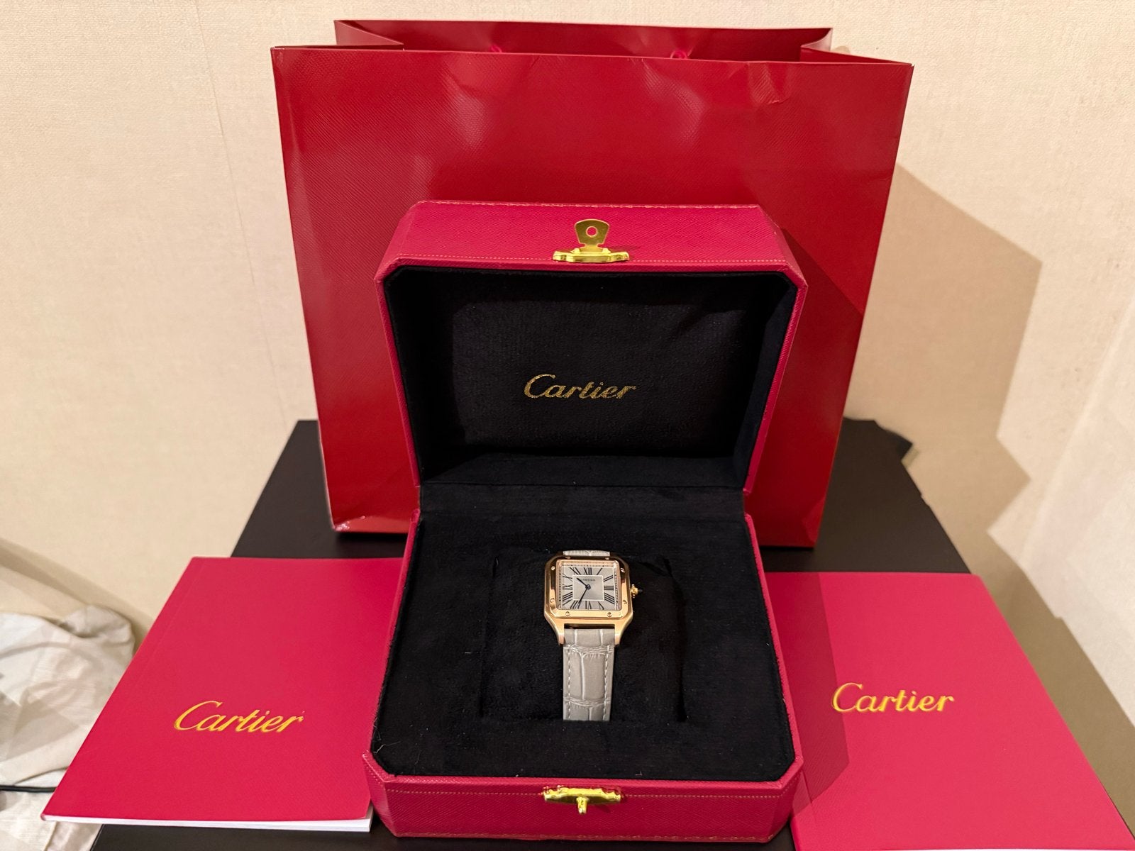 Cartier Santos Dumont Roségoud 38MM, Leer, Polshorloge, Zo goed als nieuw, Goud