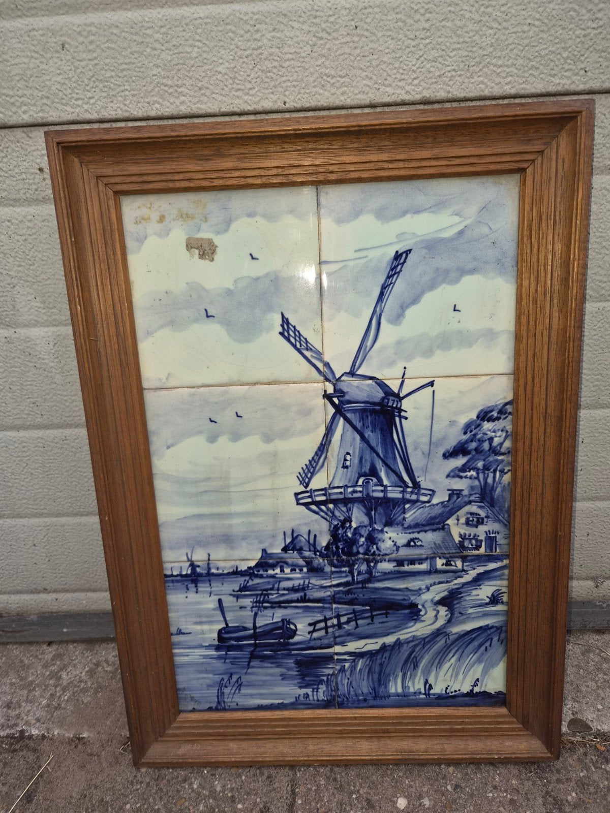 Delfts Blauw Tegeltableau: Stellingmolen in Landschap, Ophalen