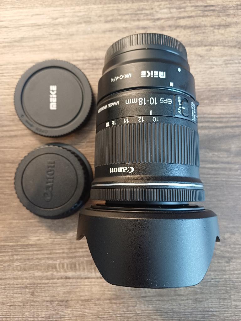 Canon EF-S 10-18mm IS STM + EW-73C Hood +Meike EOS M Adapter, Ophalen of Verzenden, Zo goed als nieuw, Groothoeklens