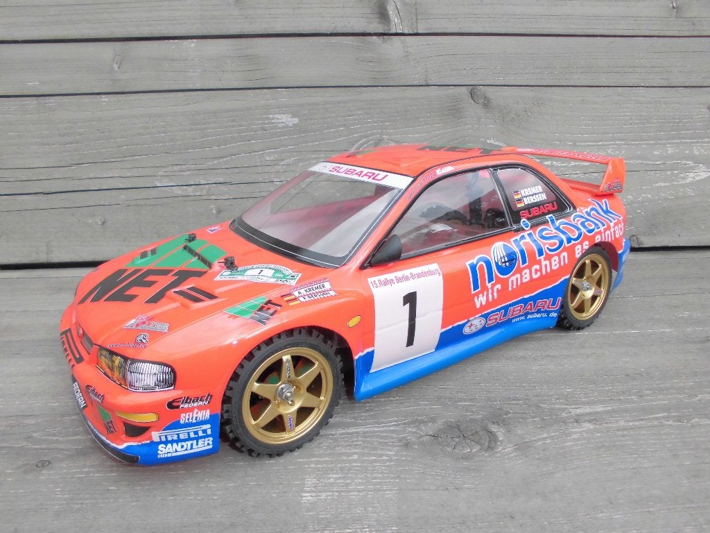 TAMIYA TB01 CHASSIS met SUBARU IMPREZA GERMANY RALLY BODY, Zo goed als nieuw, Schaal 1:10, Auto onroad, Ophalen