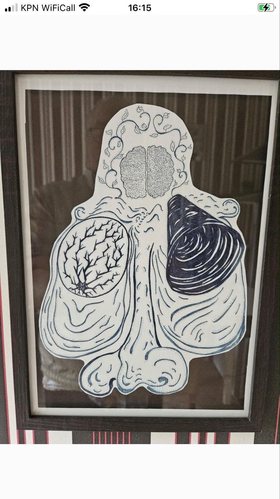 Unieke ingelijste tekening: Abstracte hersenen en natuur, Antiek en Kunst, Ophalen, Tekening, Pentekening, Ingelijst