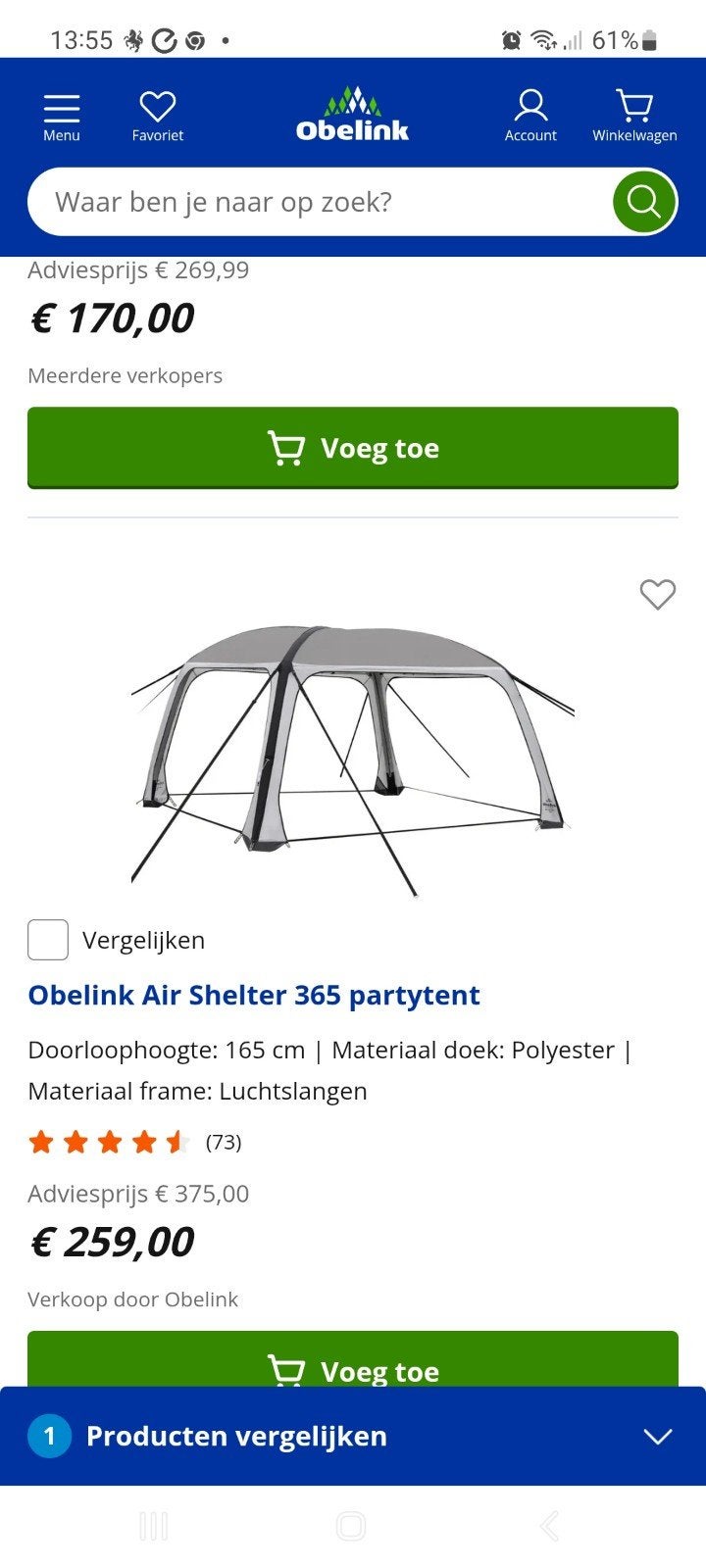 Obelink Air Shelter 365 partytent inkl 2 zijwanden, Ophalen, Zo goed als nieuw