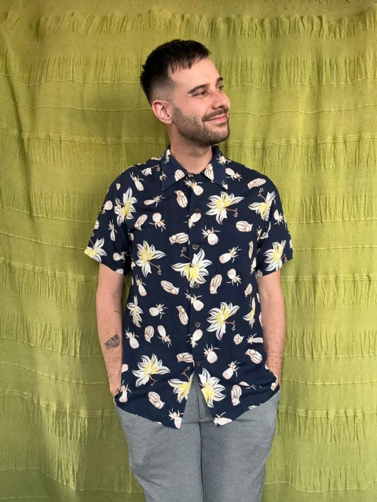 hawaii print overhemd / shirt / donkerblauw M/medium, Hgv, Blauw, Hgv, Gedragen