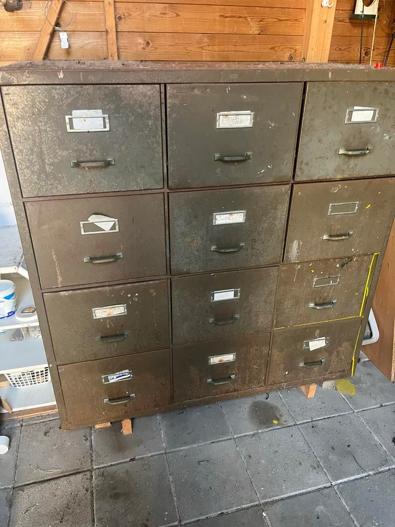 Industriële metalen ladekast met 12 laden, Ophalen, Gebruikt, 100 tot 150 cm, 5 laden of meer
