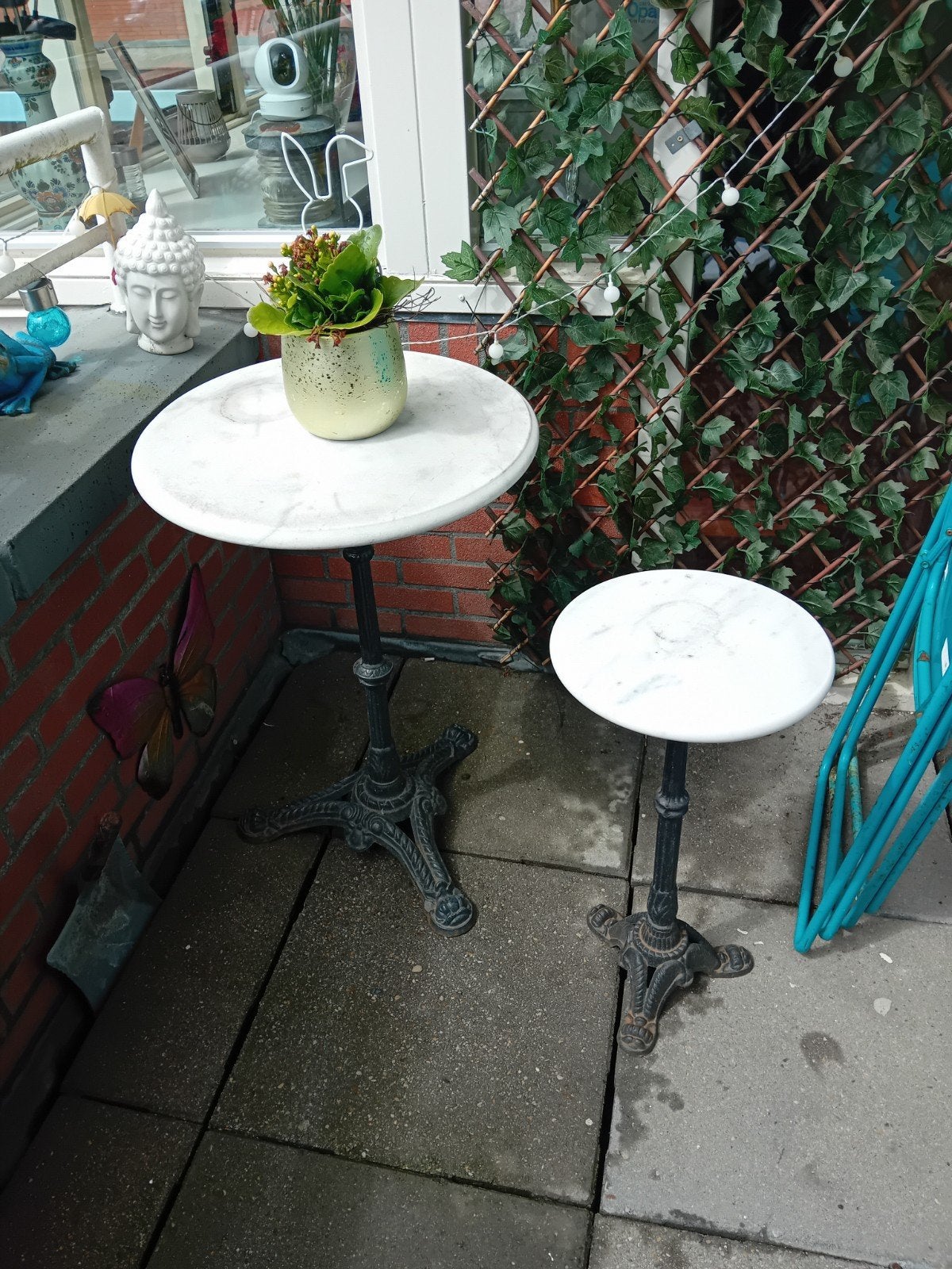 Set van 2 marmeren bistrotafels met gietijzeren onderstel, Gebruikt, 50 tot 100 cm, Overige materialen, Rond