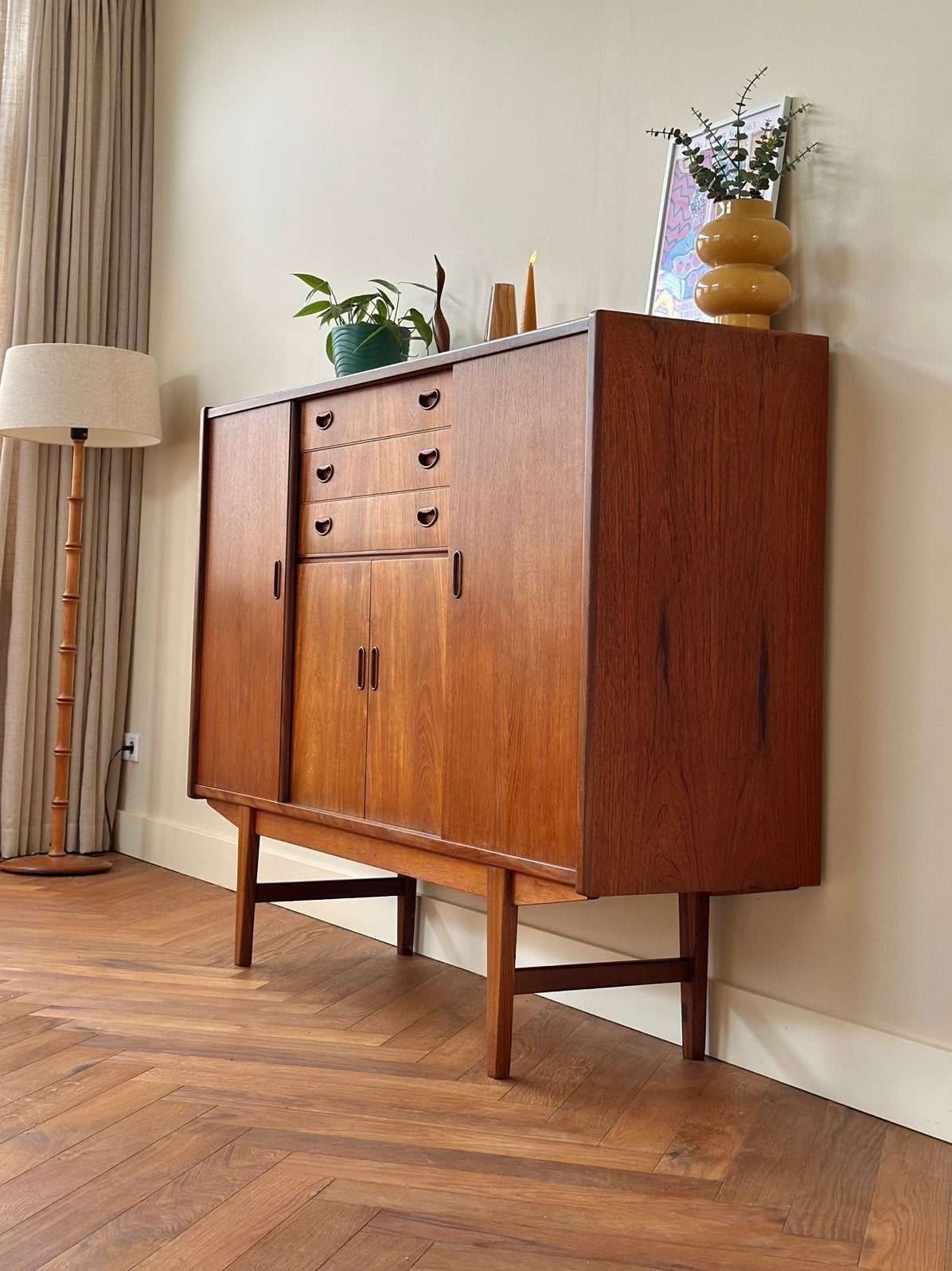Vintage wandkast highboard deens lades teak jaren 50/60/70, Huis en Inrichting, Ophalen, Gebruikt, Met deur(en), 100 tot 150 cm