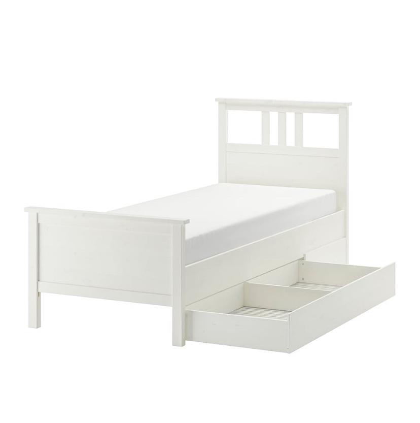 Hemnes bedframe met lades en lattenbodem, Gebruikt, Wit, Tweepersoons, Hout