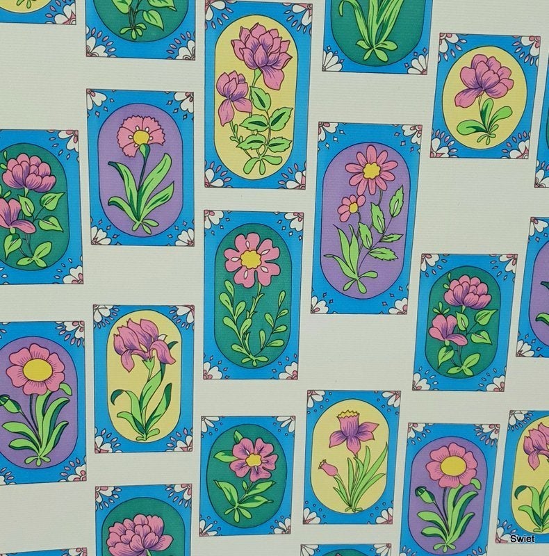 13165 Vintage bloemenbehang met bonte bloemvakjes swiet, Verzenden, Geel
