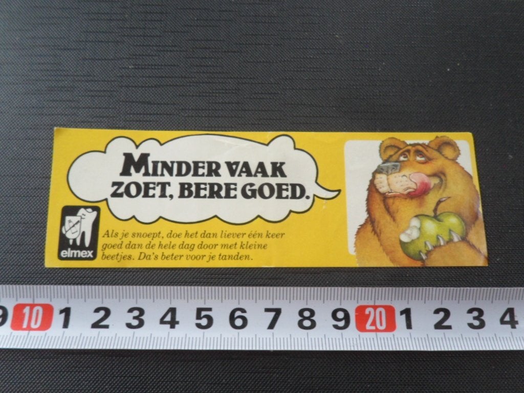 sticker  ELMEX Minder vaak zoet. Bere goed .  *, Verzamelen, Ophalen, Zo goed als nieuw