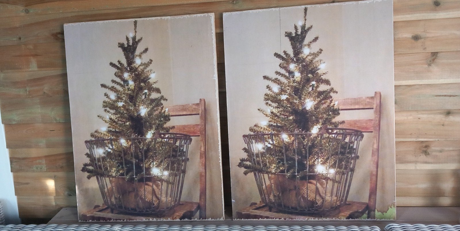 Set van 2 Kerstboom Canvas Schilderijen met Verlichting, 50 – 75, Minder dan 50 cm, Gebruikt, Ophalen of Verzenden