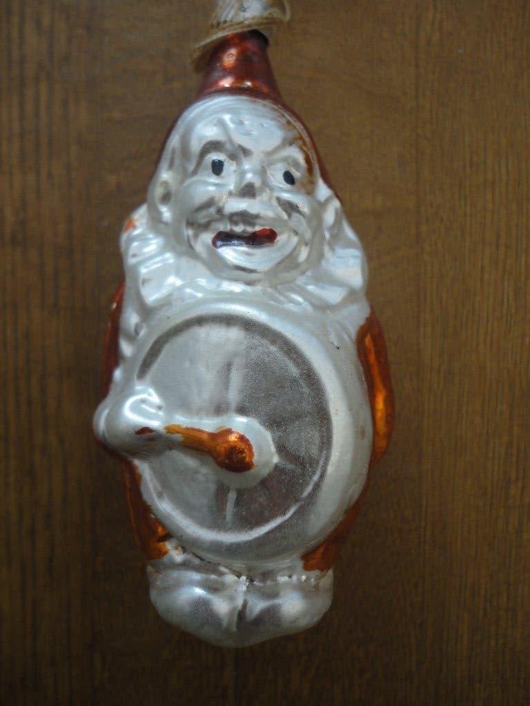 Mooie oude glazen kerstbal clown met een trommel, Diversen, Ophalen of Verzenden, Gebruikt