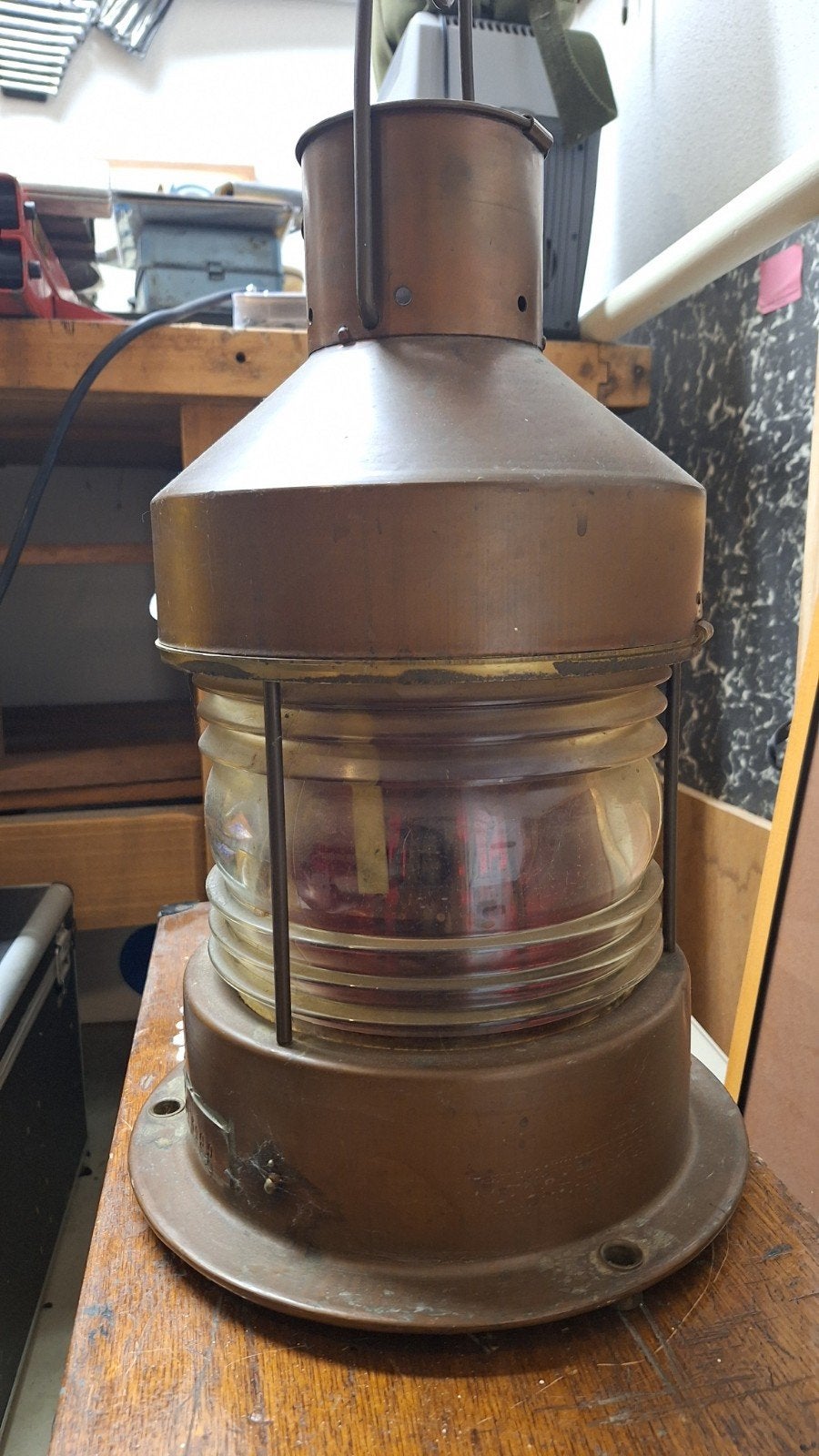 Antieke scheepslamp, koper, 'COMMANDO' Malmö Zweden, Antiek en Kunst, Antiek | Lampen, Ophalen of Verzenden