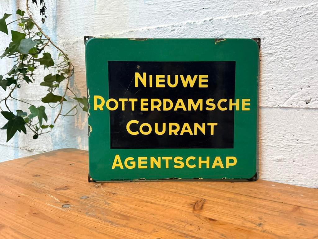 Emaille reclamebord Nieuwe Rotterdamsche Courant Langcat Bus, Ophalen of Verzenden, Zo goed als nieuw, Reclamebord