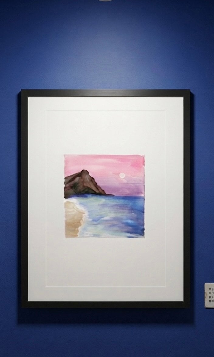 Schilderij zonsondergang aan zee met berg (San Vito lo Capo), Antiek en Kunst, Landschap, Acrylverf, Papier/karton, Ophalen of Verzenden