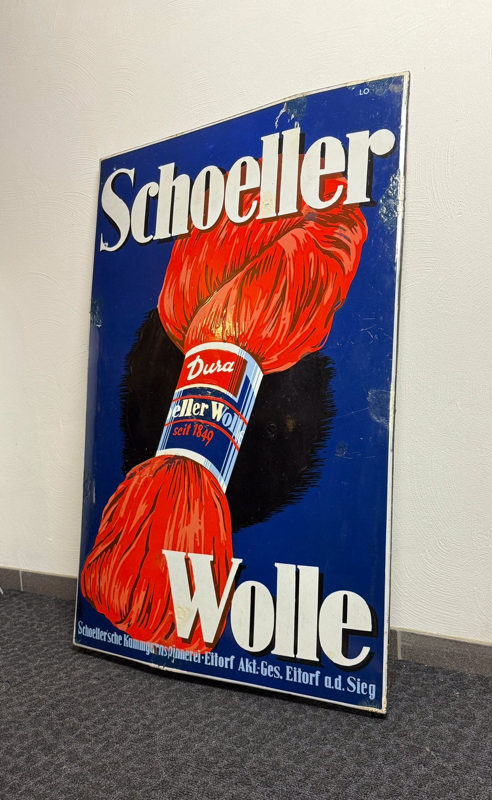 1950s Emaille SCHOELLER WOLLE Reclamebord, Verzamelen, Merken en Reclamevoorwerpen, Ophalen, Gebruikt, Reclamebord