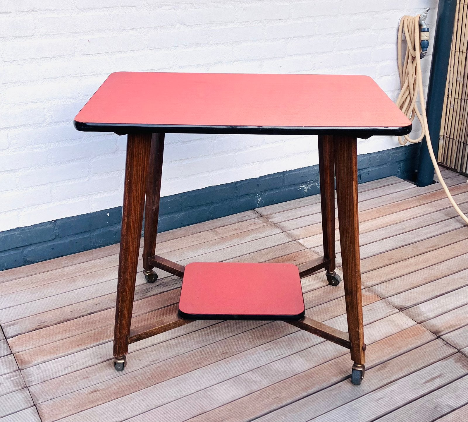Vintage Formica Serveerwagen / Trolley Rood (Jaren 50/60), Ophalen, 50 tot 100 cm, Vintage, Overige houtsoorten