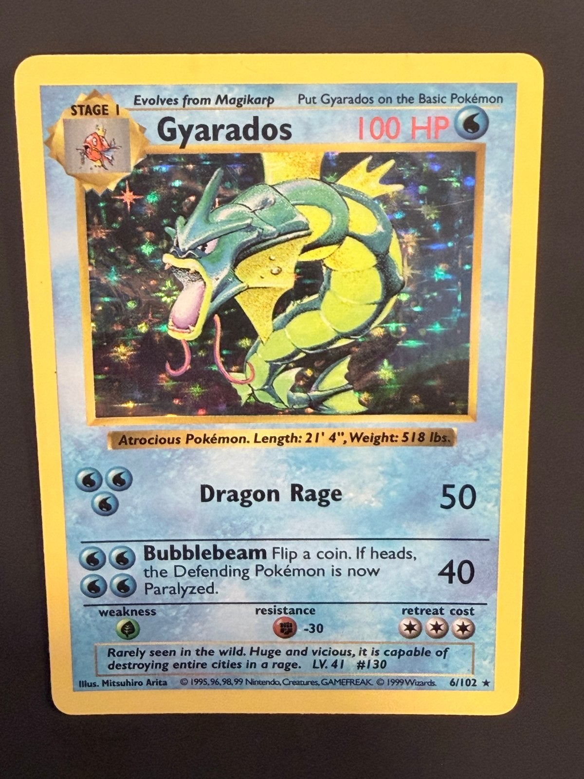 Base Set Gyarados - Shadowless (voorkant NM / achterkant EX), Ophalen of Verzenden, Zo goed als nieuw, Losse kaart, Foil