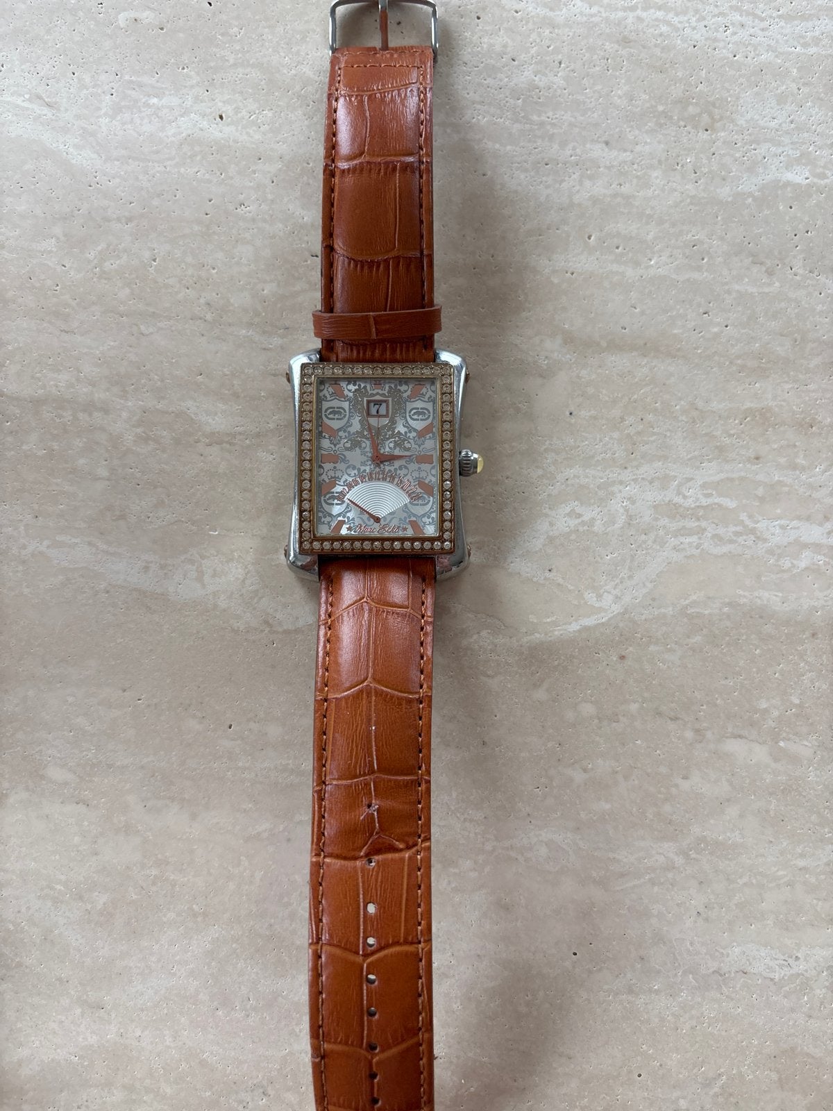 Marc Ecko dameshorloge met strass en leren band, Overige merken, Staal, Polshorloge, Ophalen of Verzenden