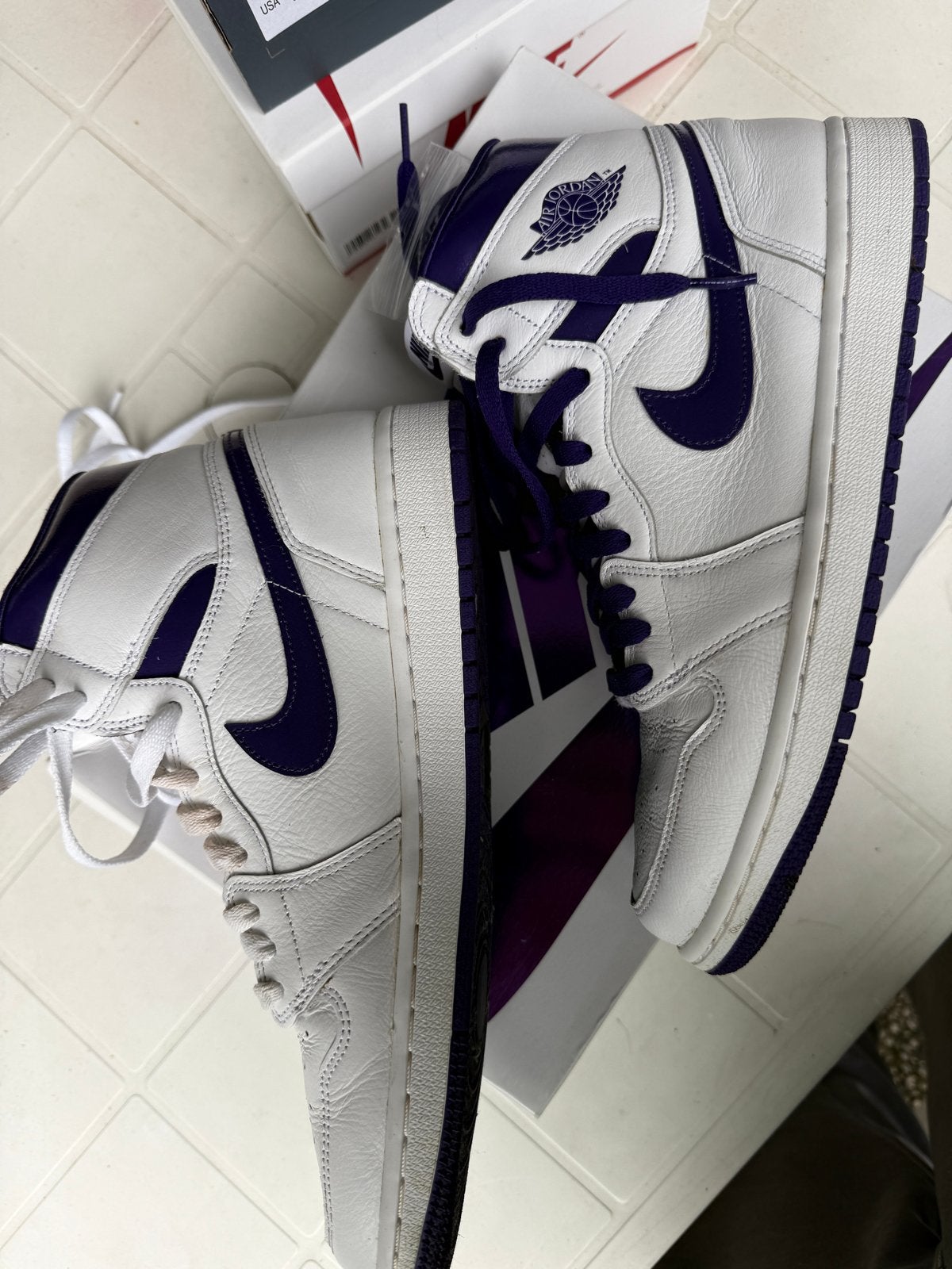 Nike Air Jordan 1 High Court Purple - Gedragen, Kleding | Heren, Schoenen, Verzenden, Gedragen, Wit, Sneakers of Gympen