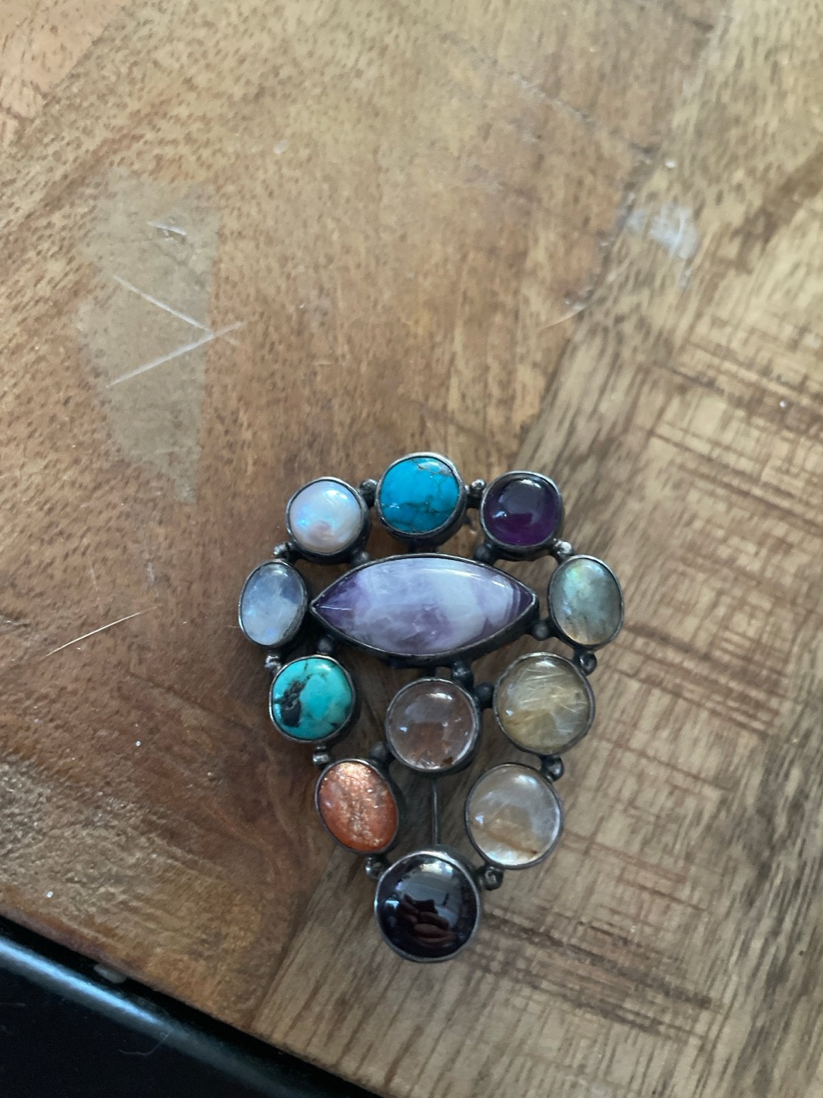 Vintage Zilveren Broche met Diverse Edelstenen, 4 tot 7 cm, Gebruikt, Overige kleuren, Ophalen of Verzenden