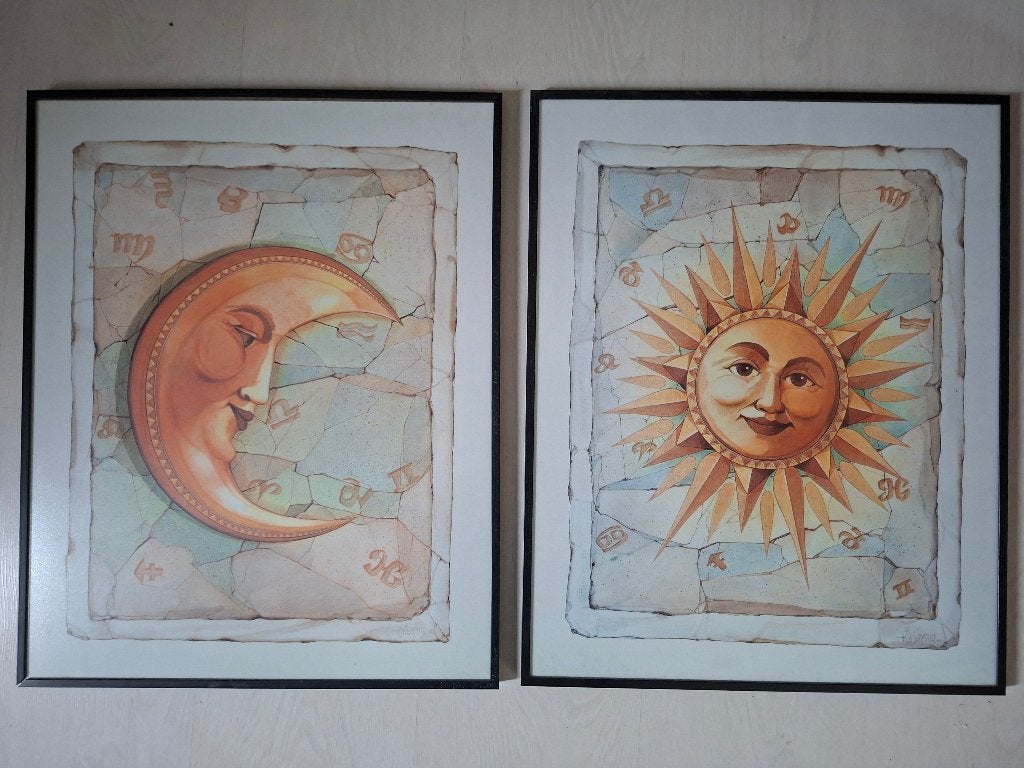 Zon en maan afbeelding incl. Zwarte lijst, Ophalen, Gebruikt, Overige materialen