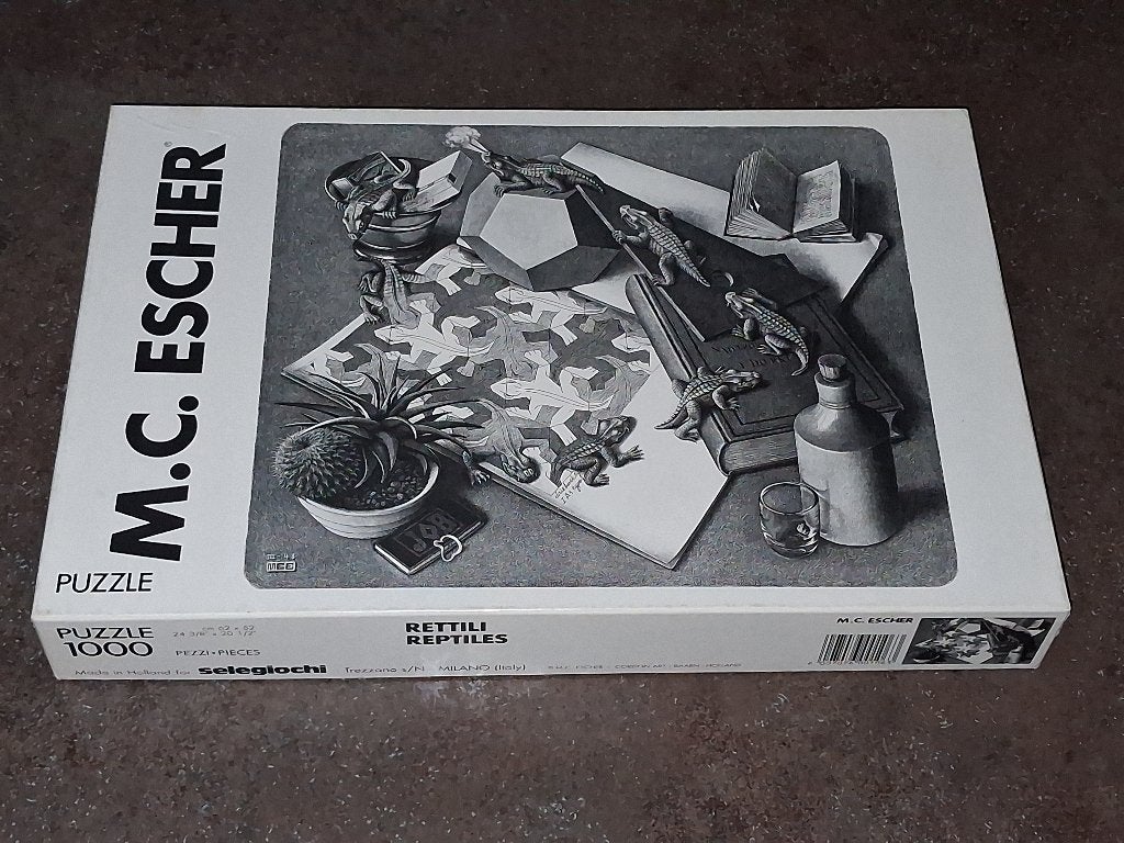 Puzzel 1000 M.C. Escher reptielen uitmuntende staat, Ophalen of Verzenden, 500 t/m 1500 stukjes, Zo goed als nieuw