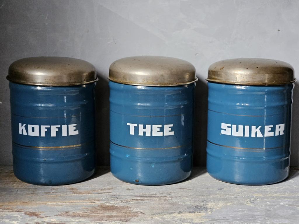Petrol bleu voorraad bussen koffie , thee , suiker, Antiek en Kunst, Ophalen of Verzenden