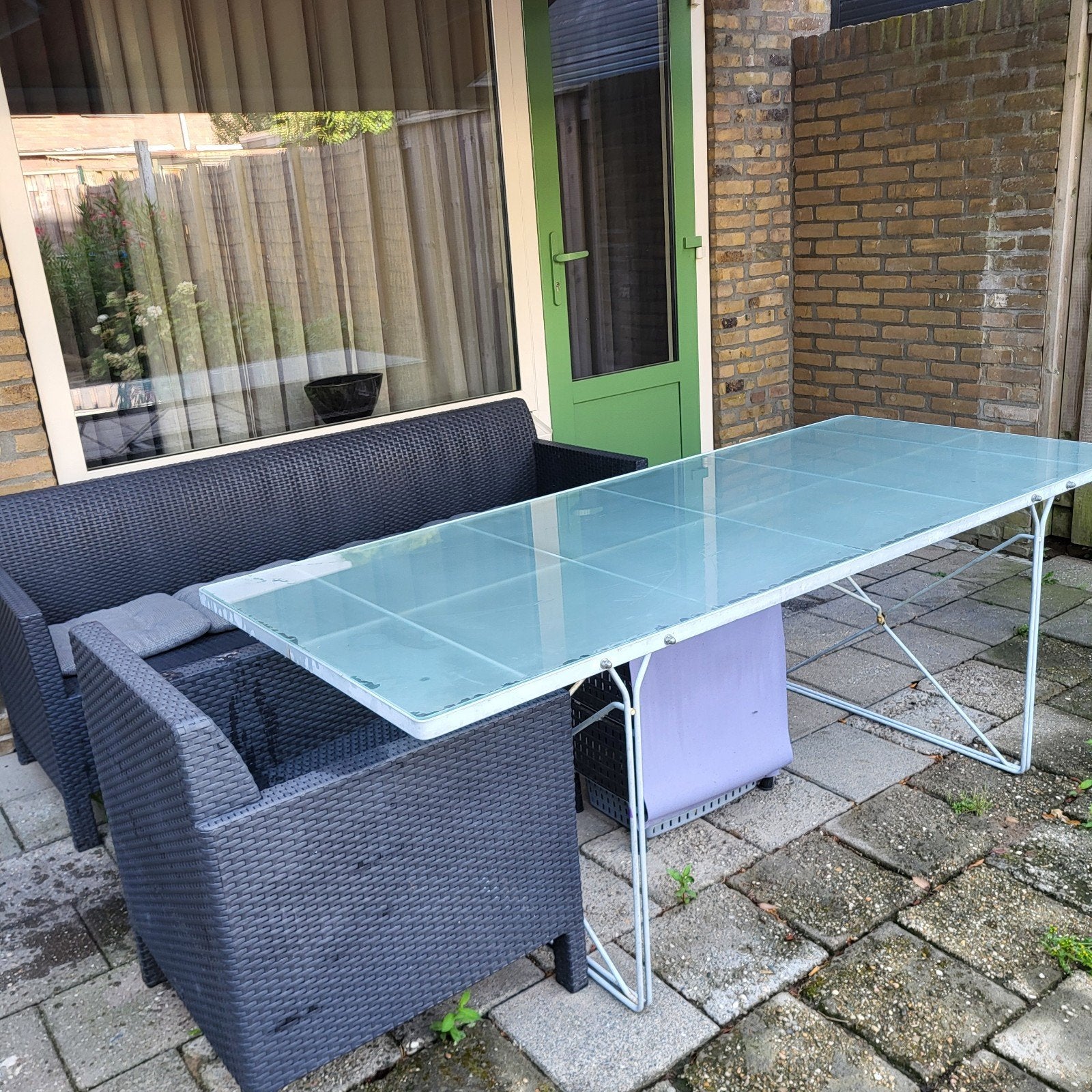 glazen tafel,  stoelen, Ophalen of Verzenden, Zo goed als nieuw