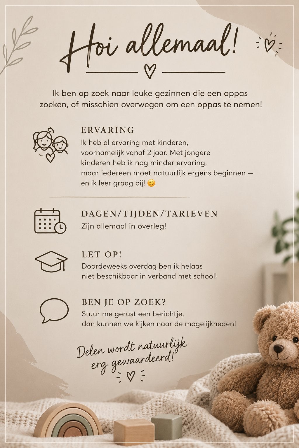 Oppas aangeboden, Variabele uren, Overige niveaus, Starter, Overige vormen