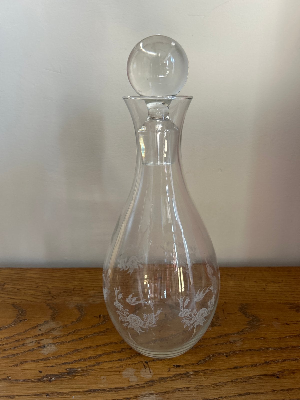 Vintage glazen karaf met bloemen en vogels, Ophalen