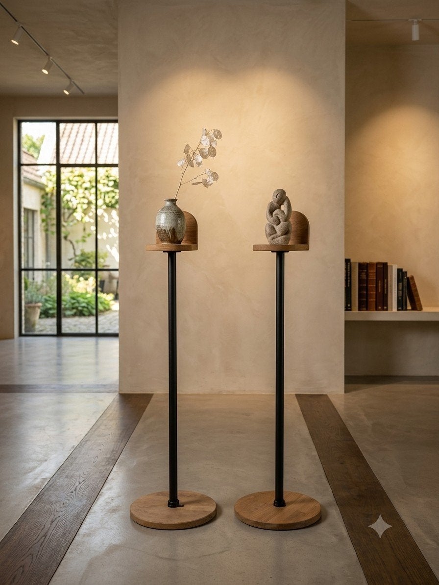 Set van 2 Industriële Houten Sokkels / Display Standaards -, Ophalen, Zwart, Zo goed als nieuw, Metaal